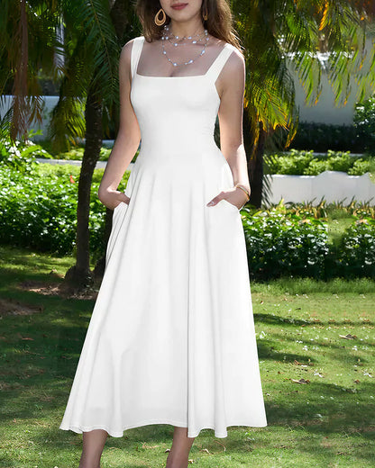 Curvvvy™ Wide Strap Back Tie A-Line Midi Dress With Pockets