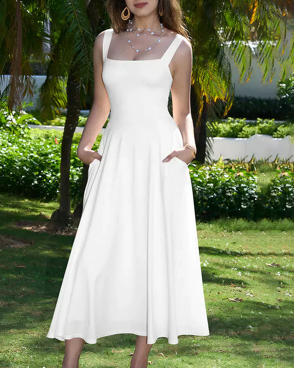 Curvvvy™ Wide Strap Back Tie A-Line Midi Dress With Pockets