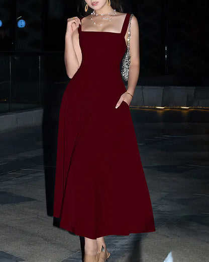 Curvvvy™ Wide Strap Back Tie A-Line Midi Dress With Pockets