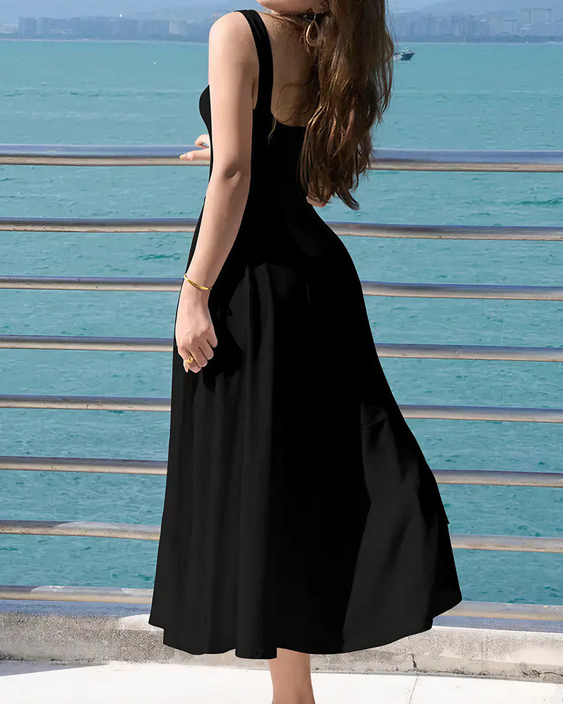 Curvvvy™ Wide Strap Back Tie A-Line Midi Dress With Pockets