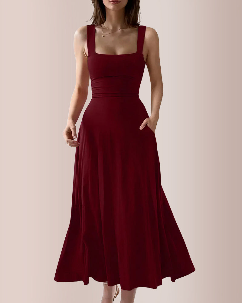 Curvvvy™ Wide Strap Back Tie A-Line Midi Dress With Pockets