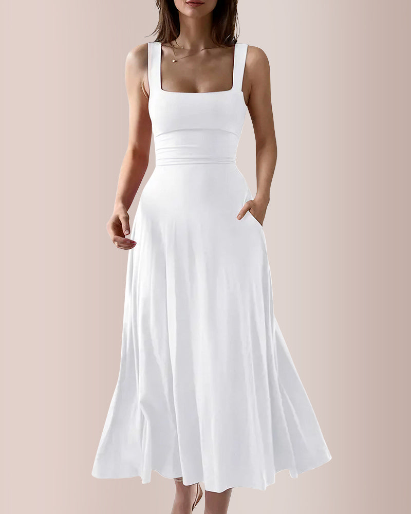 Curvvvy™ Wide Strap Back Tie A-Line Midi Dress With Pockets