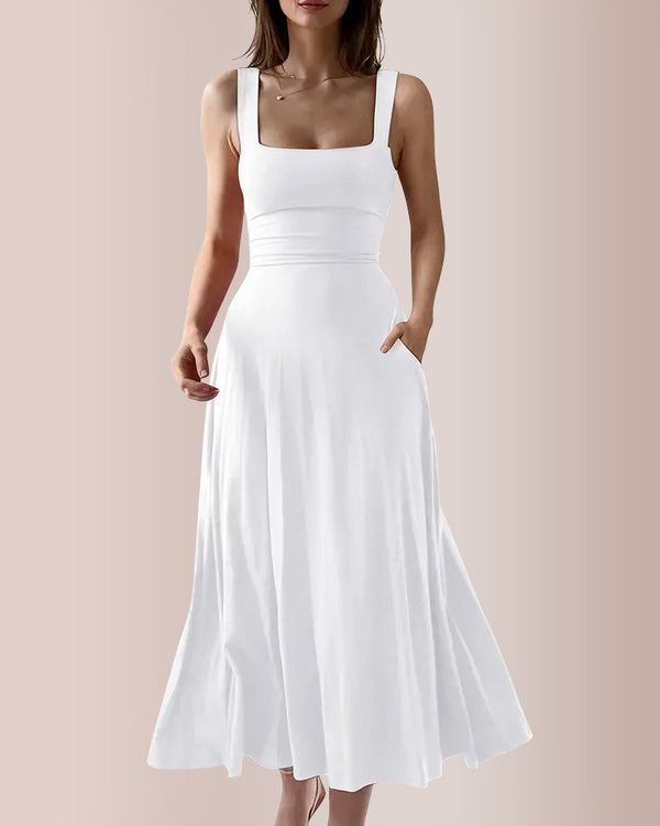 Curvvvy™ Wide Strap Back Tie A-Line Midi Dress With Pockets