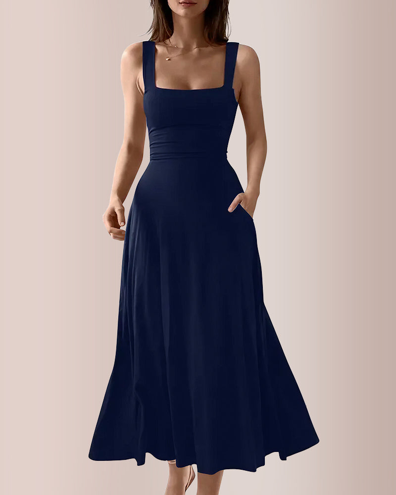 Curvvvy™ Wide Strap Back Tie A-Line Midi Dress With Pockets