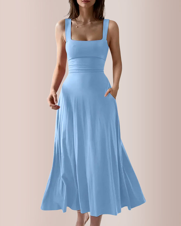 Curvvvy™ Wide Strap Back Tie A-Line Midi Dress With Pockets