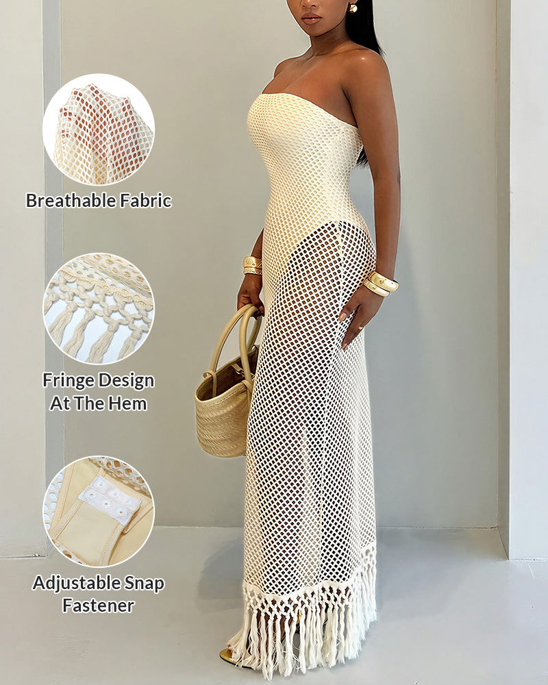 Curvvvy™ Strapless Crochet Hollow Out Fringe Maxi Dress Cover Up