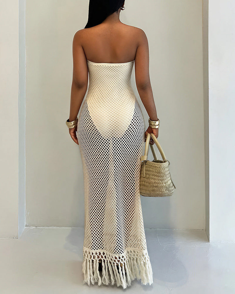 Curvvvy™ Strapless Crochet Hollow Out Fringe Maxi Dress Cover Up