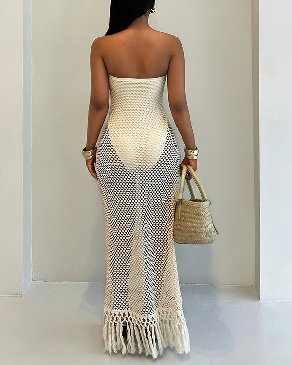 Curvvvy™ Strapless Crochet Hollow Out Fringe Maxi Dress Cover Up
