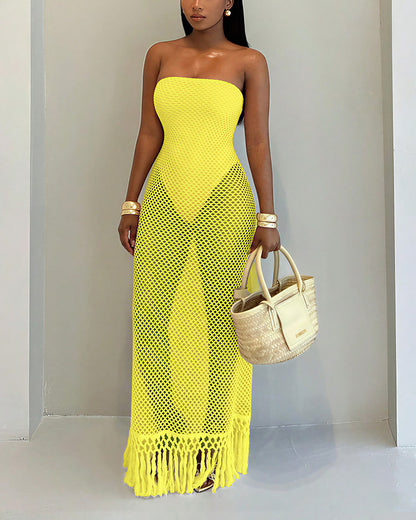 Curvvvy™ Strapless Crochet Hollow Out Fringe Maxi Dress Cover Up