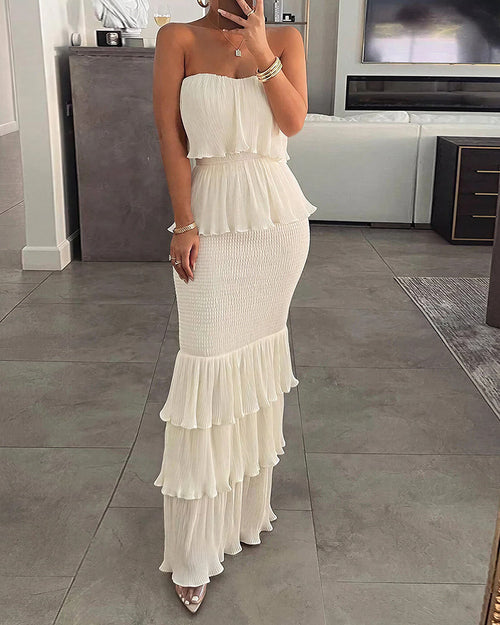 Curvvvy™ Strapless Smocked Tiered Ruffle Maxi Dress