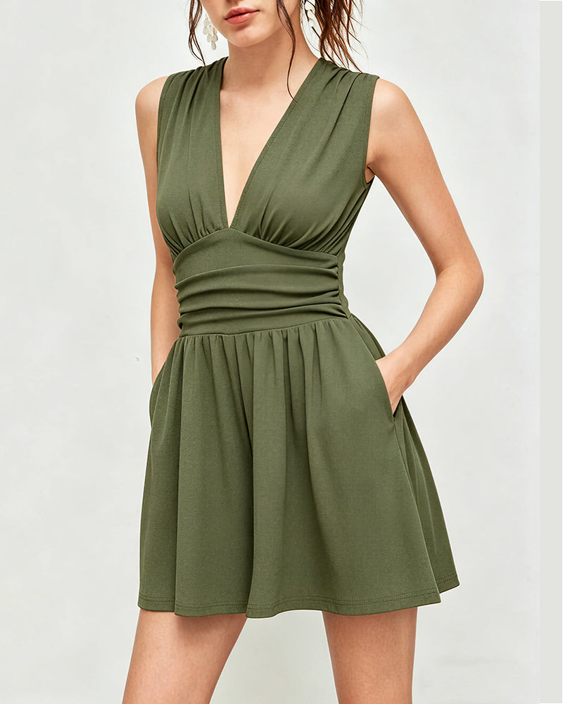 Curvvvy™ Deep V-Neck Sleeveless Wide Leg Romper