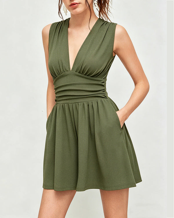 Curvvvy™ Deep V-Neck Sleeveless Wide Leg Romper