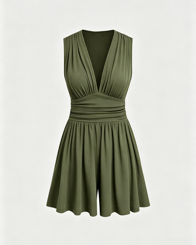 Curvvvy™ Deep V-Neck Sleeveless Wide Leg Romper