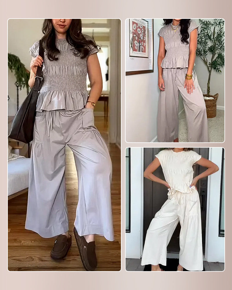 Curvvvy™ Smocked Peplum Top and Wide Leg Pants Two-Piece Set