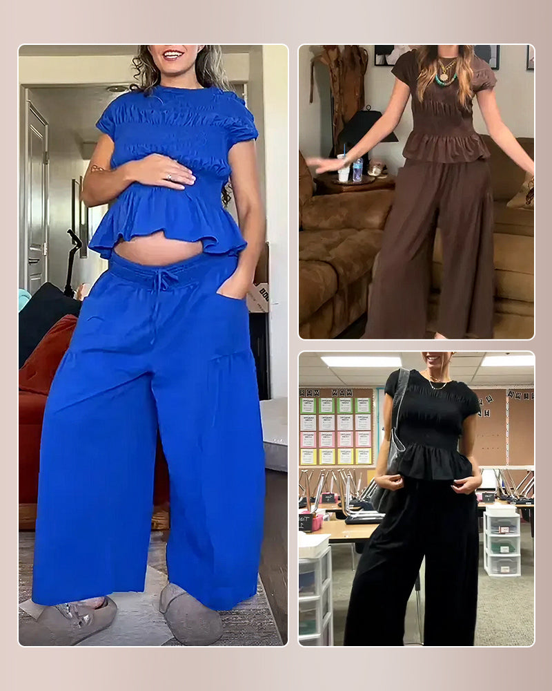 Curvvvy™ Smocked Peplum Top and Wide Leg Pants Two-Piece Set