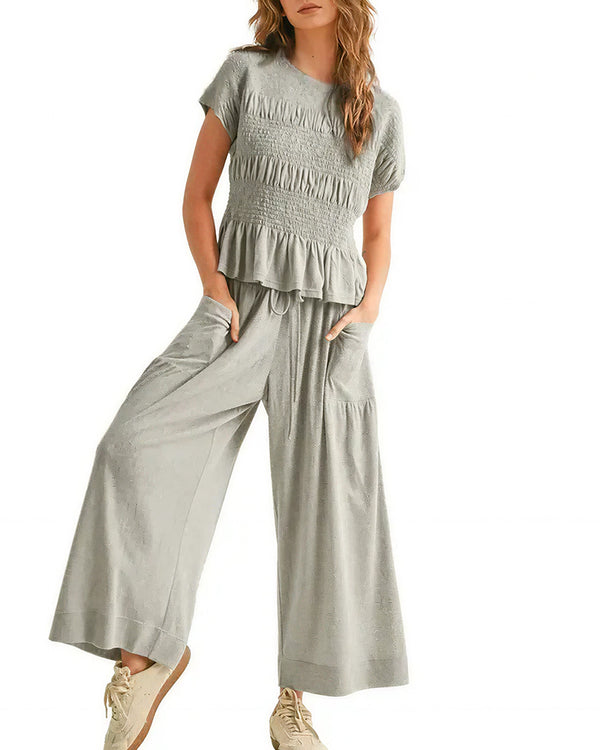 Curvvvy™ Smocked Peplum Top and Wide Leg Pants Two-Piece Set