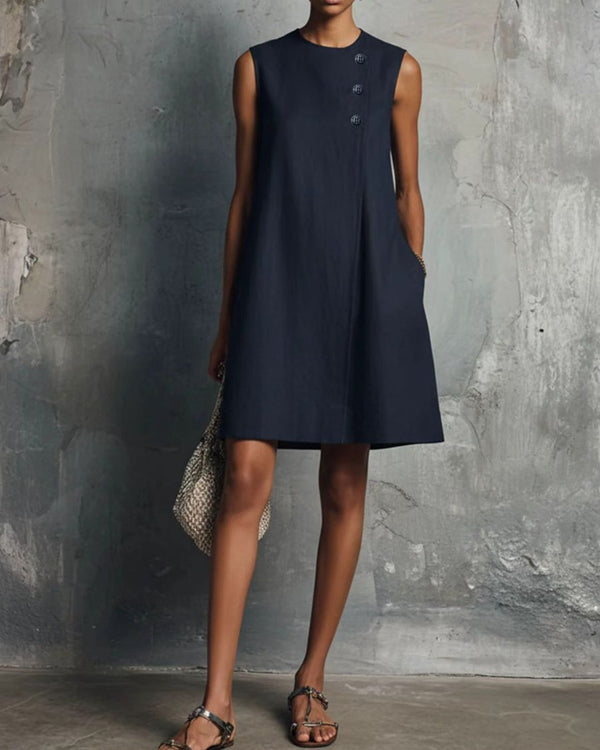Curvvvy™ Commuter Round Neck Buttons Mini Dress