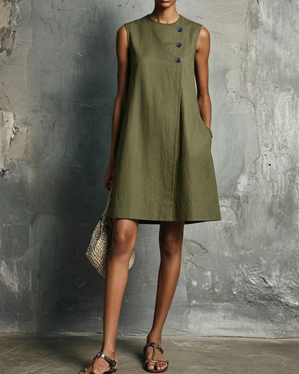 Curvvvy™ Commuter Round Neck Buttons Mini Dress