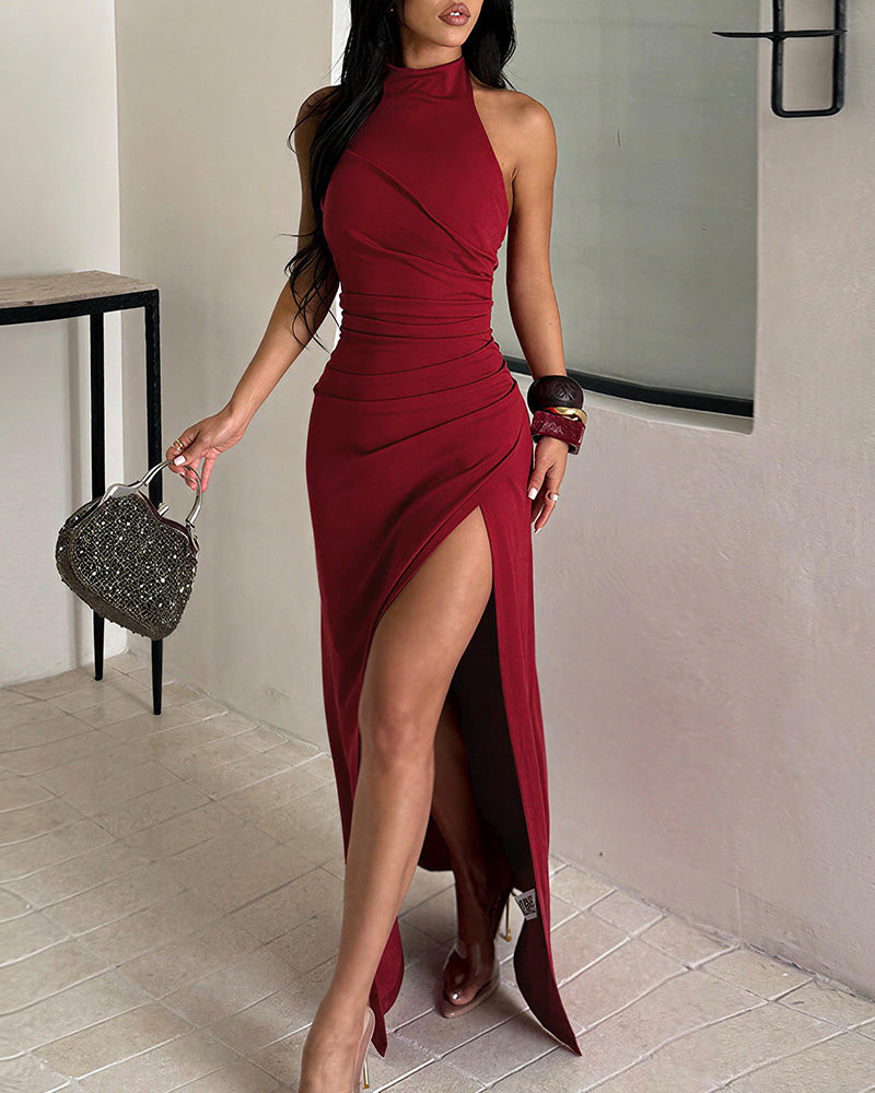 Curvvvy™ Maxikleid mit Neckholder, Raffung und hohem Schlitz