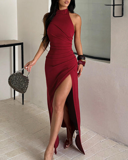 Curvvvy™ Maxikleid mit Neckholder, Raffung und hohem Schlitz