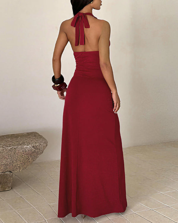 Curvvvy™ Maxikleid mit Neckholder, Raffung und hohem Schlitz