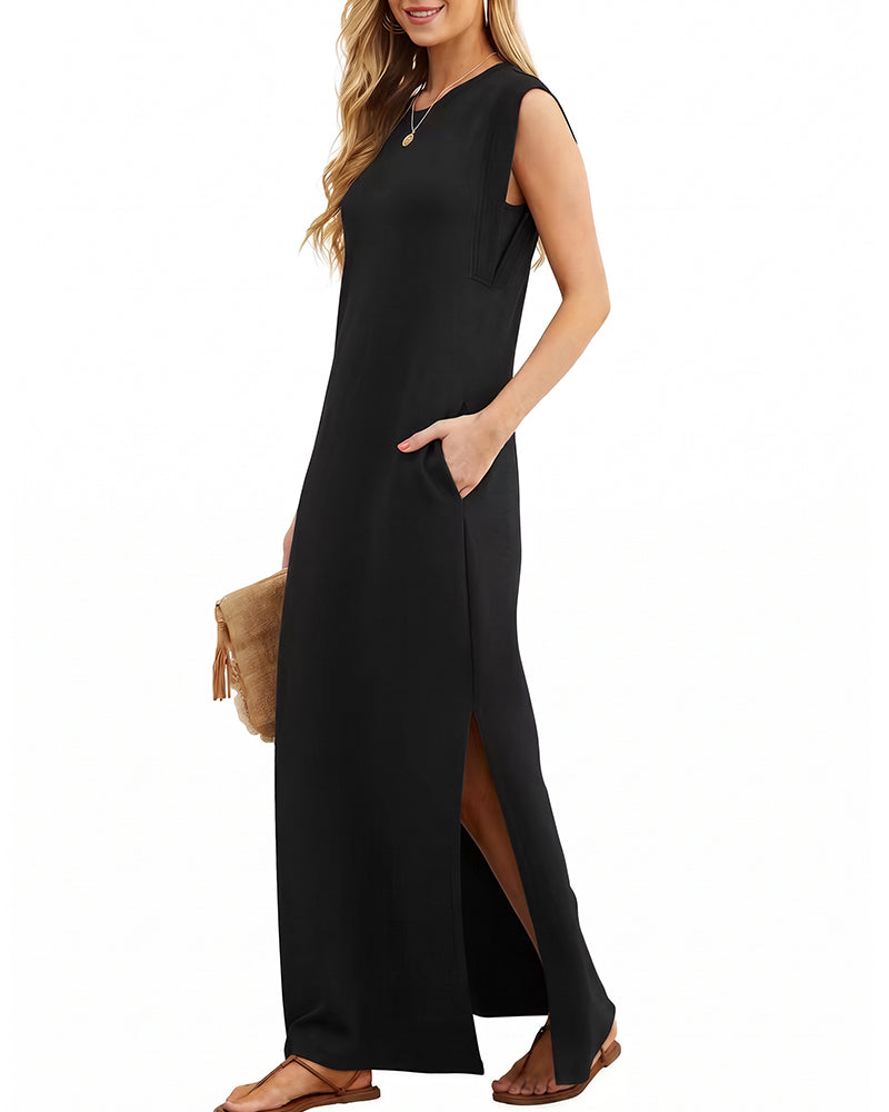 Curvvvy™ Lässiges ärmelloses Maxikleid mit Schlitz und Taschen