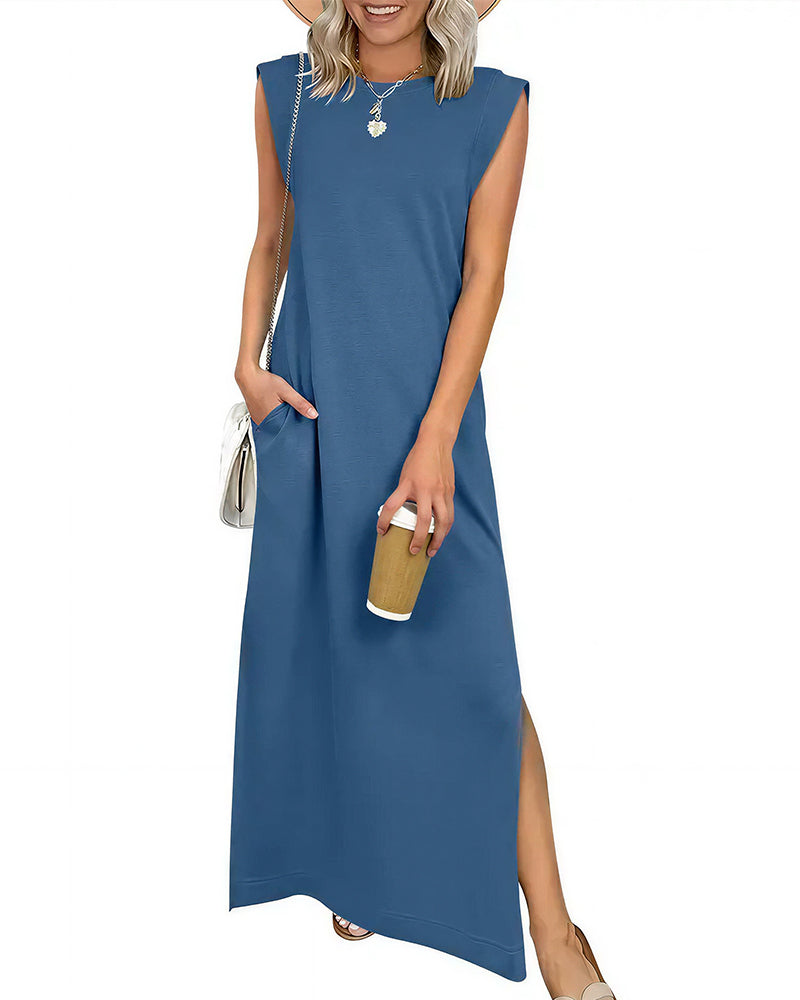 Curvvvy™ Lässiges ärmelloses Maxikleid mit Schlitz und Taschen