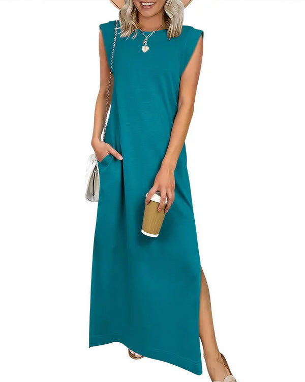 Curvvvy™ Lässiges ärmelloses Maxikleid mit Schlitz und Taschen