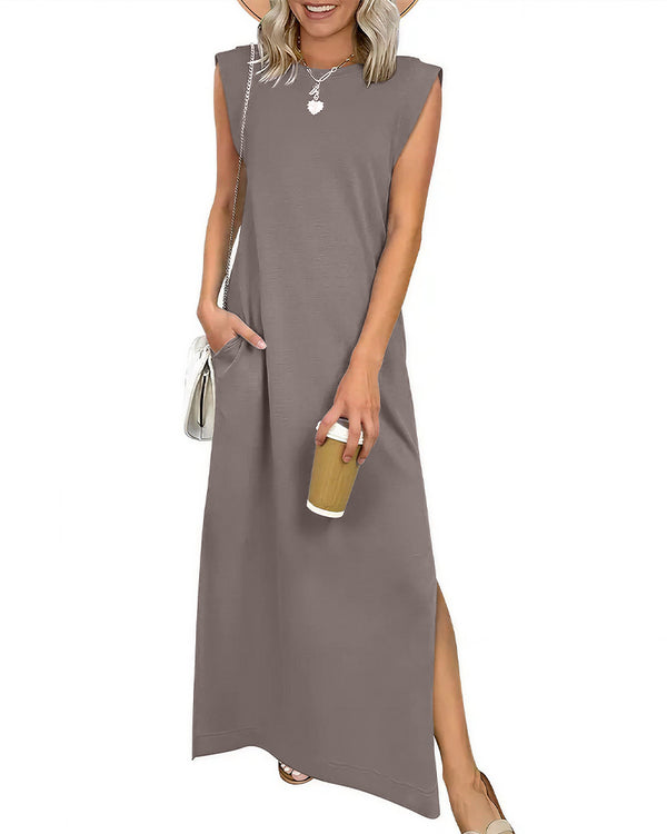 Curvvvy™ Lässiges ärmelloses Maxikleid mit Schlitz und Taschen