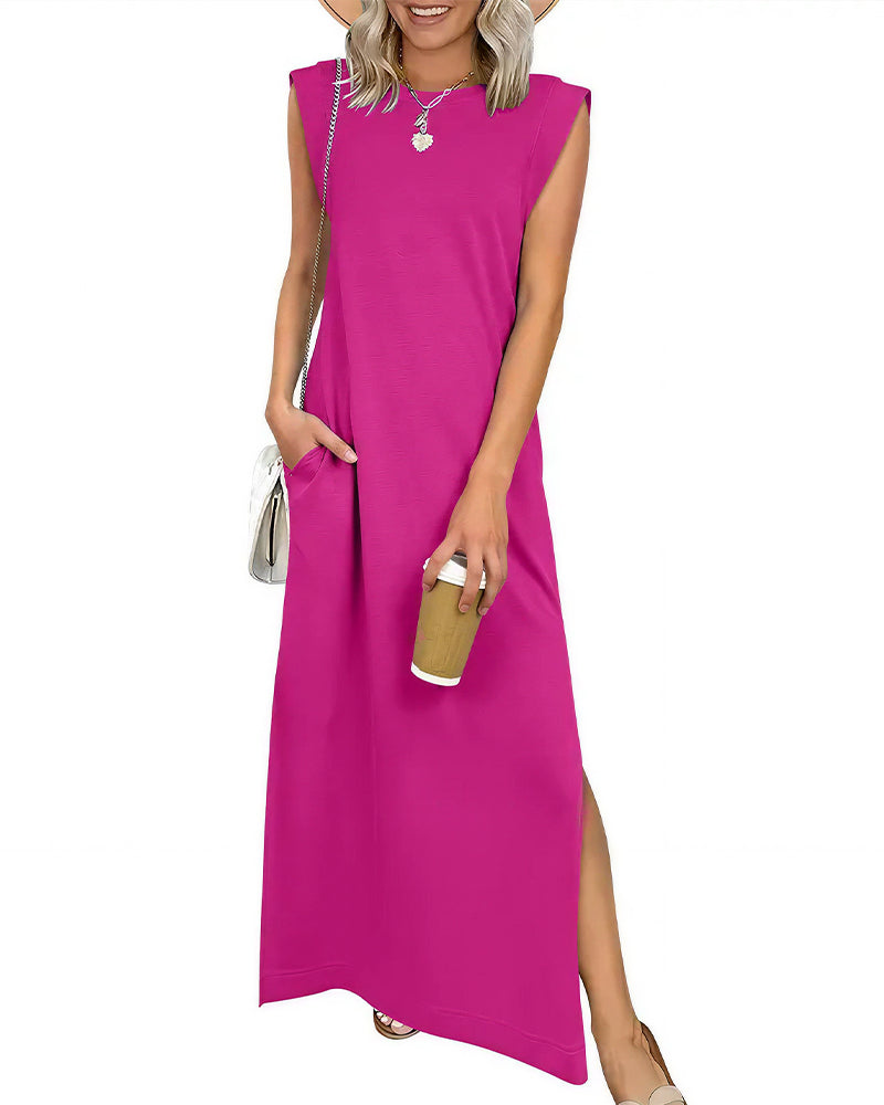 Curvvvy™ Lässiges ärmelloses Maxikleid mit Schlitz und Taschen