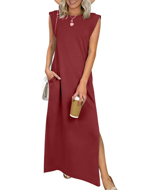 Curvvvy™ Lässiges ärmelloses Maxikleid mit Schlitz und Taschen