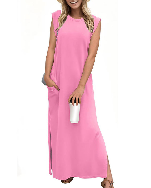 Curvvvy™ Lässiges ärmelloses Maxikleid mit Schlitz und Taschen