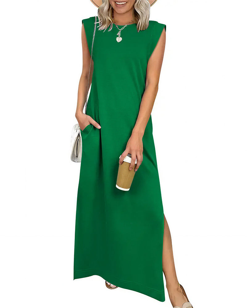 Curvvvy™ Lässiges ärmelloses Maxikleid mit Schlitz und Taschen