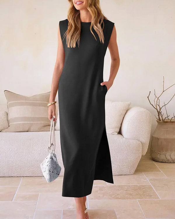 Curvvvy™ Lässiges ärmelloses Maxikleid mit Schlitz und Taschen