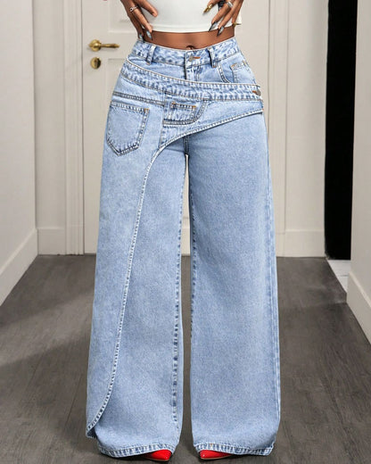 Curvvvy™ Jeans a Gamba Larga con Bottoni e Tasca Asimmetrica