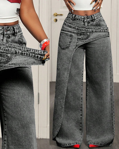 Curvvvy™ Jeans a Gamba Larga con Bottoni e Tasca Asimmetrica