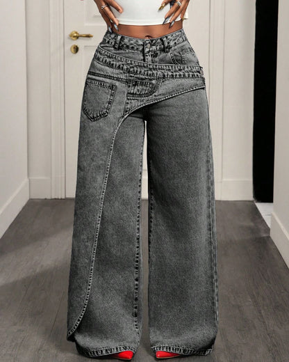 Curvvvy™ Jeans a Gamba Larga con Bottoni e Tasca Asimmetrica