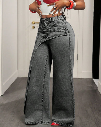 Curvvvy™ Jeans a Gamba Larga con Bottoni e Tasca Asimmetrica