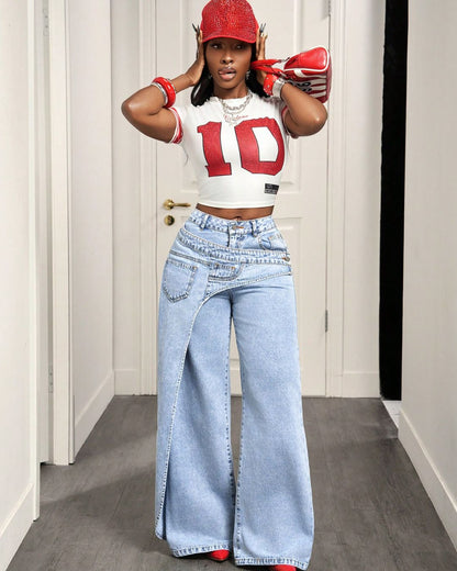 Curvvvy™ Jeans a Gamba Larga con Bottoni e Tasca Asimmetrica