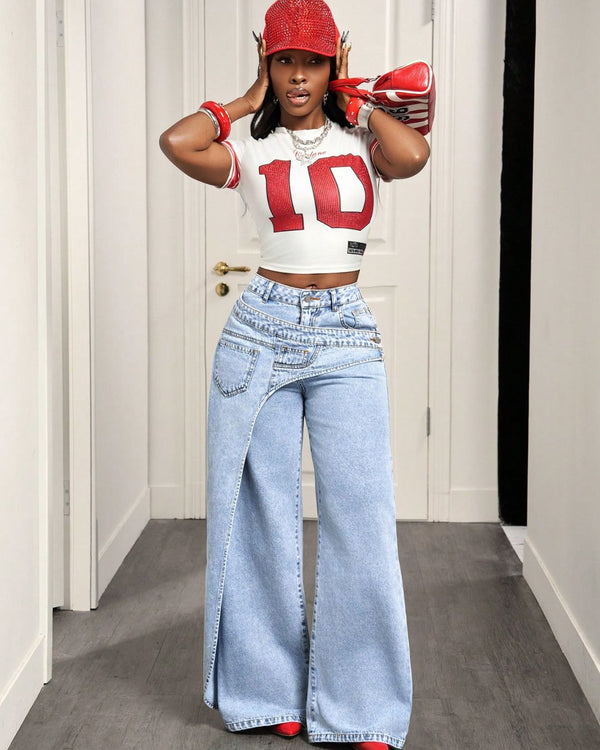 Curvvvy™ Jeans a Gamba Larga con Bottoni e Tasca Asimmetrica