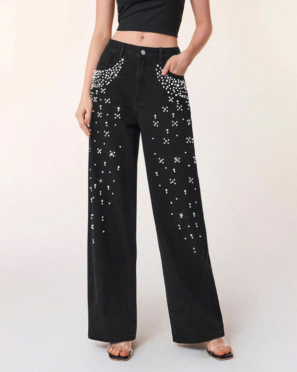 Curvvvy™ Lockere Jeans mit geradem Bein und Perlendetails