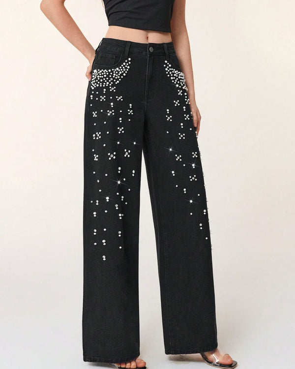 Curvvvy™ Lockere Jeans mit geradem Bein und Perlendetails