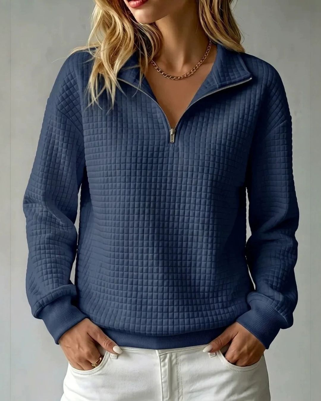 Curvvvy™ Soft Waffle Knit Stand Collar Zip-Up Sweatshirt