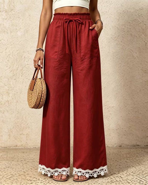 Curvvvy™ Lace Trim Wide-Leg Casual Straight-Leg Pants