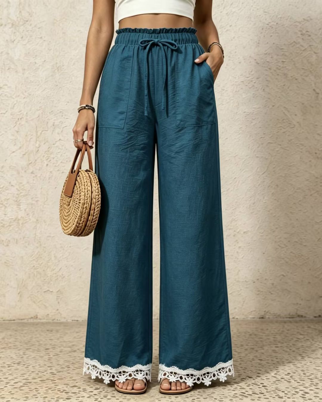 Curvvvy™ Lace Trim Wide-Leg Casual Straight-Leg Pants