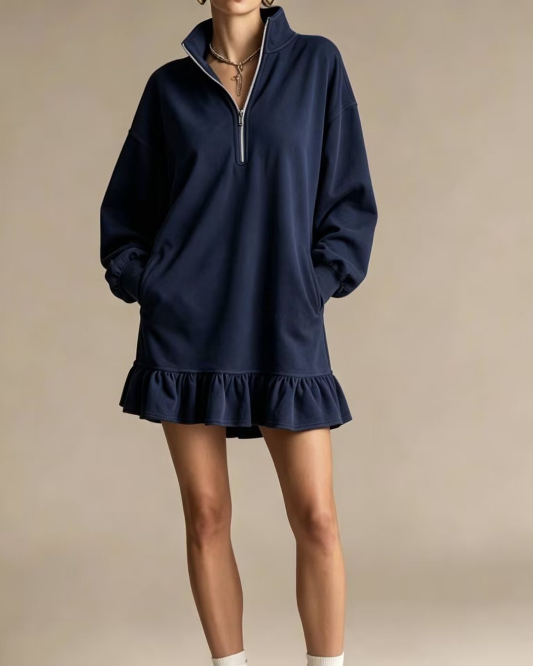Curvvvy™ Half-Zip Stand Collar Casual Mini Dress
