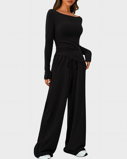 Curvvvy™ Completo Loungewear Top Asimmetrico Maniche Lunghe & Pantaloni a Gamba Larga