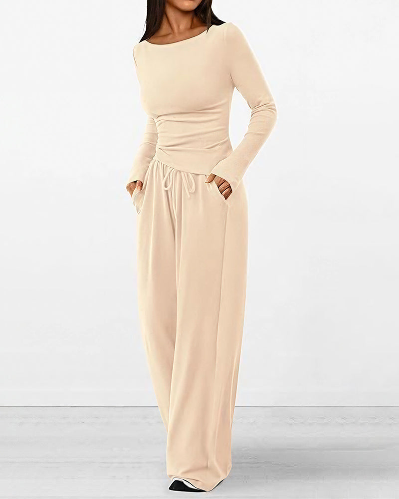 Curvvvy™ Completo Loungewear Top Asimmetrico Maniche Lunghe & Pantaloni a Gamba Larga
