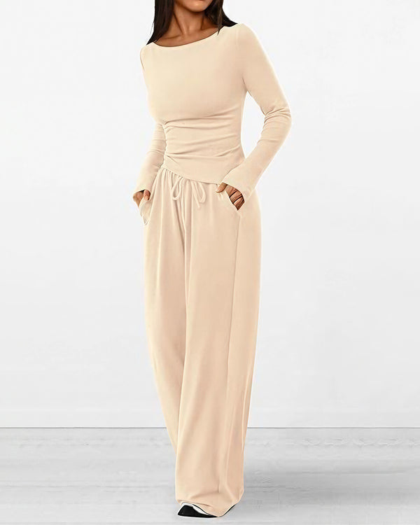 Curvvvy™ Completo Loungewear Top Asimmetrico Maniche Lunghe & Pantaloni a Gamba Larga