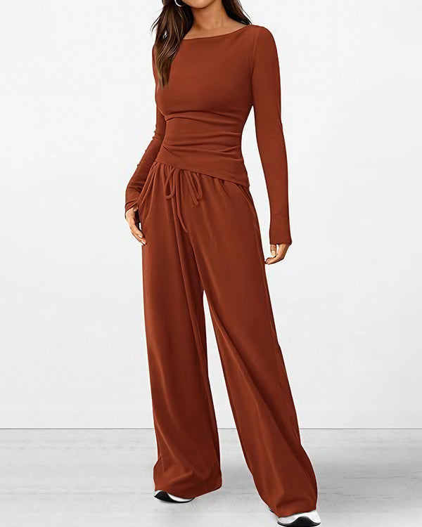 Curvvvy™ Completo Loungewear Top Asimmetrico Maniche Lunghe & Pantaloni a Gamba Larga